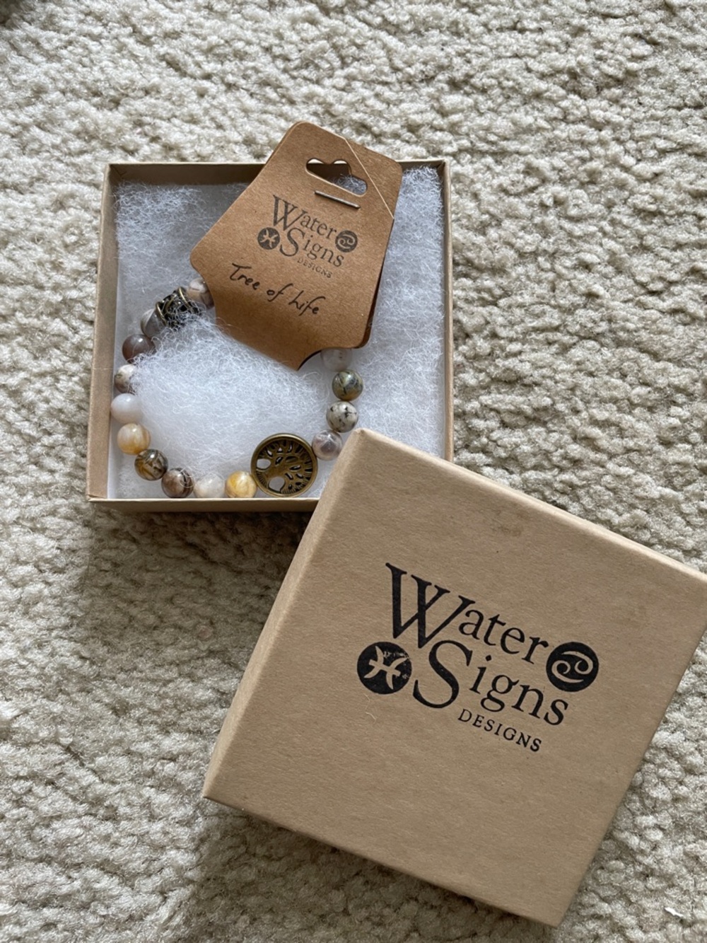 Water Signs Tree of Life Beaded Bracelet - Neutral Beige Tones